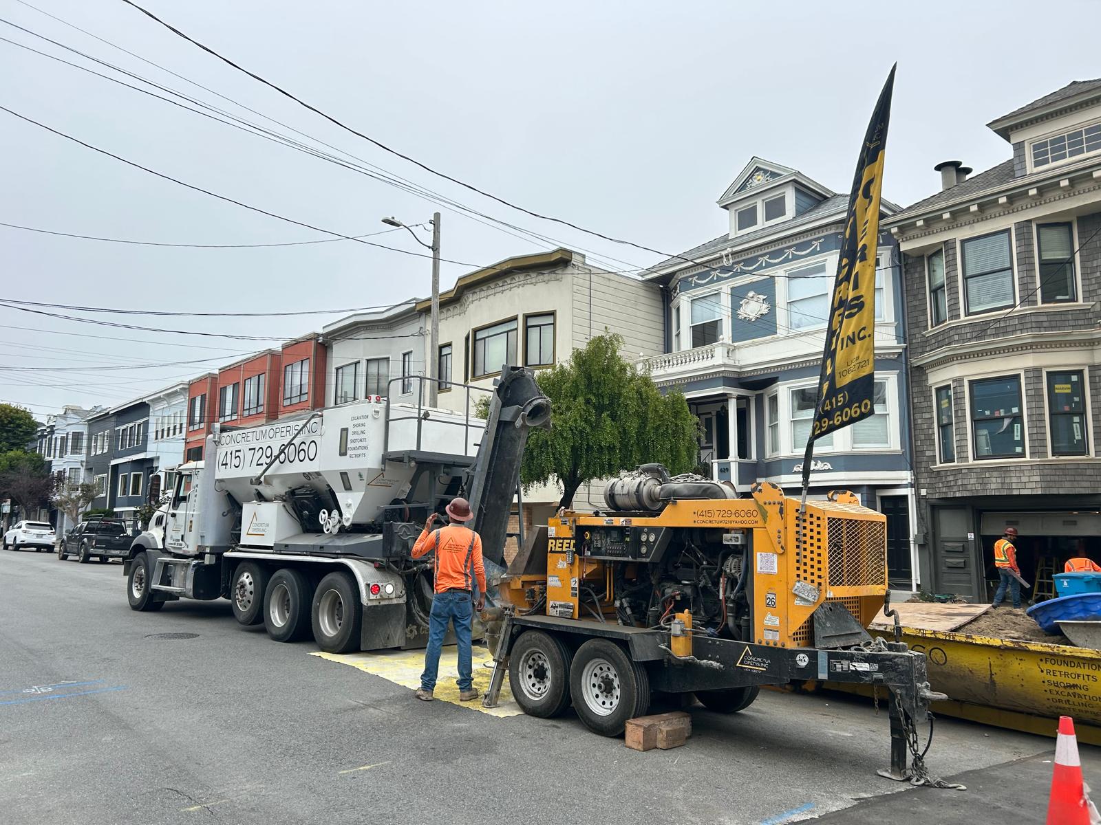 Concretum Operis mixer truck and concrete pump on a residential pour on 9th Avenue, San Francisco