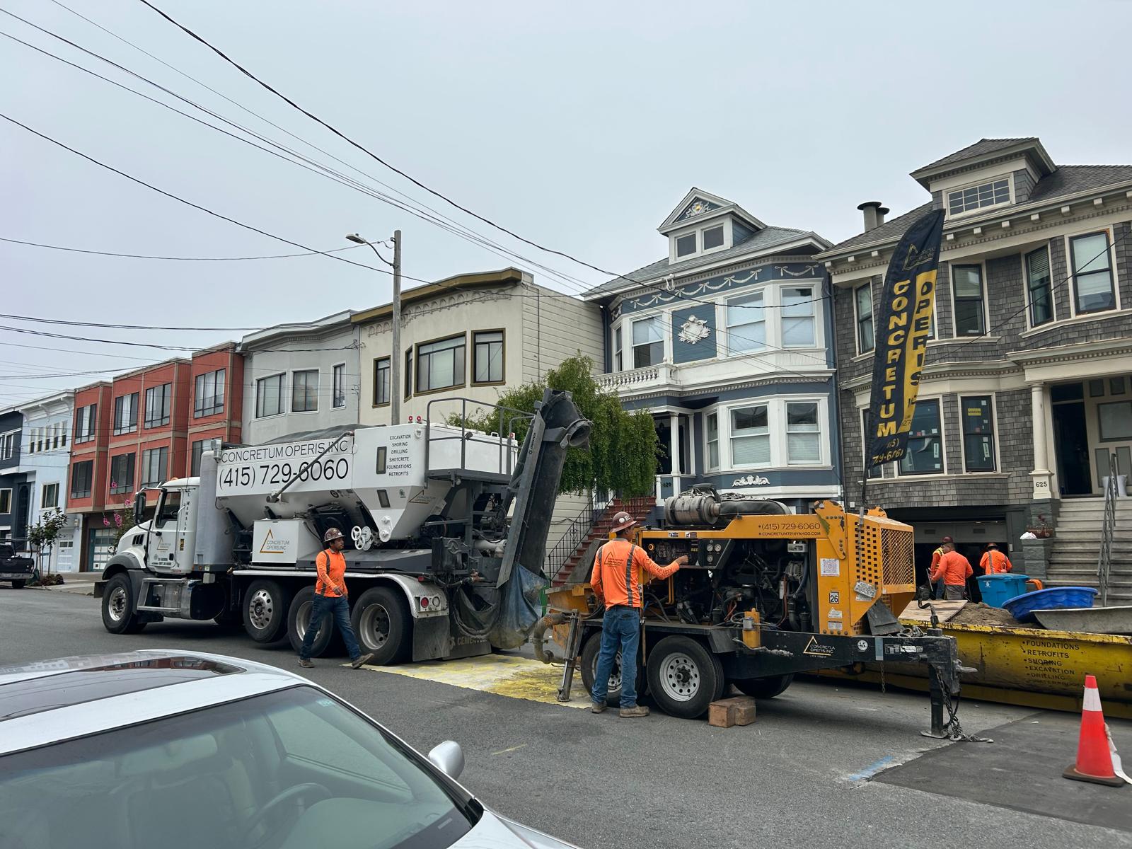 Concretum Operis crew running the concrete pump line at a 9th Avenue job site in San Francisco