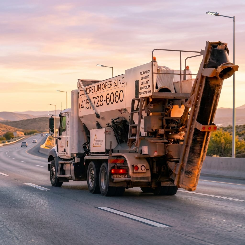 Concretum Operis mixer truck on a rural road